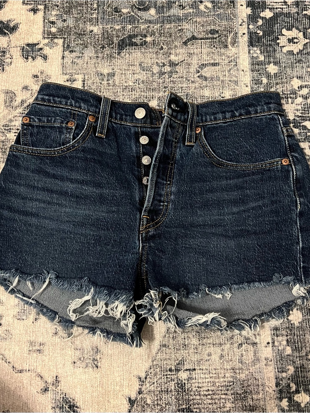 Levi's Dark Blue Denim Frayed Hem Button-Fly Shorts